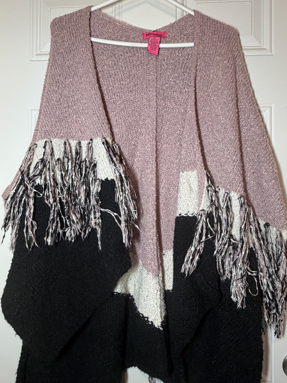 Betsey Johnson Pink Black Cream Fringe Open Cardigan Sweater